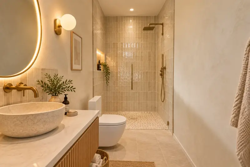 Design rendering of the bathroom: a walk-in tiled shower with brass fixtures and a lit niche, a stone vessel sink on a fluted oak vanity, a wall hung toilet and a backlit mirror