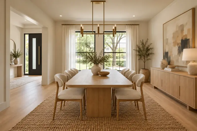 Design rendering of the dining room: an oak table with upholstered chairs, a brass linear chandelier, a window to the front yard and a view through to the front door