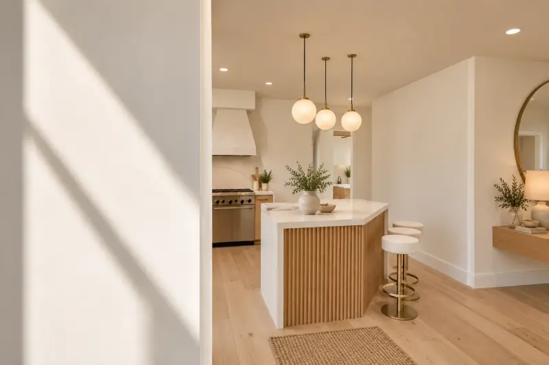 Design rendering of the view from the entry toward the kitchen island and range, with light oak floors and a round mirror
