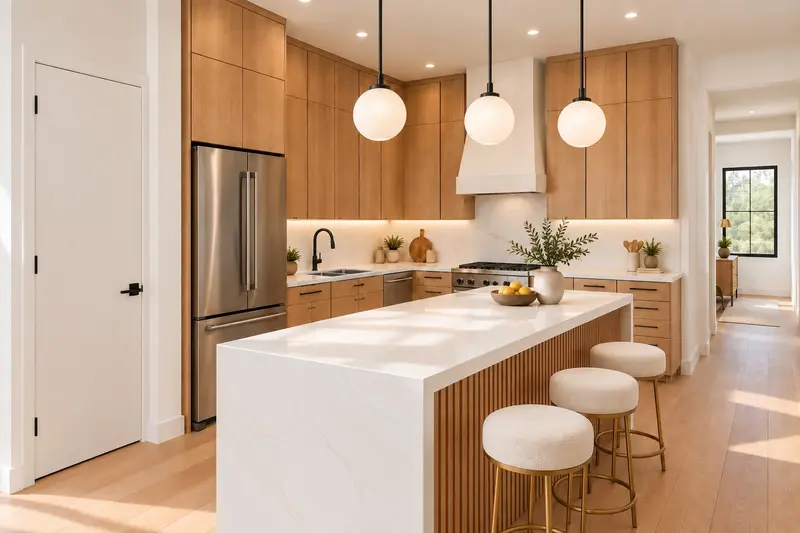 Design rendering of the kitchen: flat panel oak cabinets, a white waterfall island with a fluted oak base, three globe pendants and stainless appliances