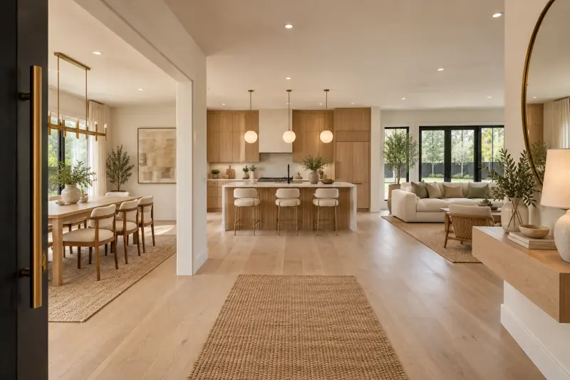 Design rendering of the view from the front door into the opened floor plan: dining room on the left, kitchen with an island ahead and the living room on the right, with light oak floors throughout